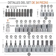 GENERICO - Juego Dados Torx Estrella 3/8 Hembra Macho 34 Pcs