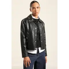 LIOLA - Chaqueta Tachas, Efecto Cuero, Negro