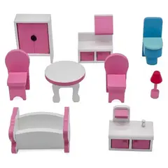 OEM - Casa de Muñecas Clásica de Madera Rosada con Accesorios