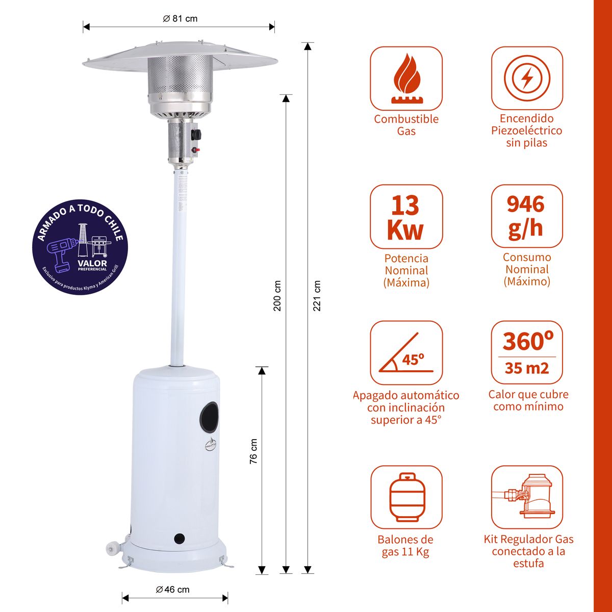 KLYMA - Estufa a Gas Exterior SETAX White + Funda Para Patio Jardin Terraza