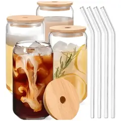 GENERICO - Pack 10 vaso lata vidrio con bombilla tapa bambú 550 ml