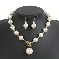VATYERTY - Pack collar y aros de perlas artificiales chapadas en oro