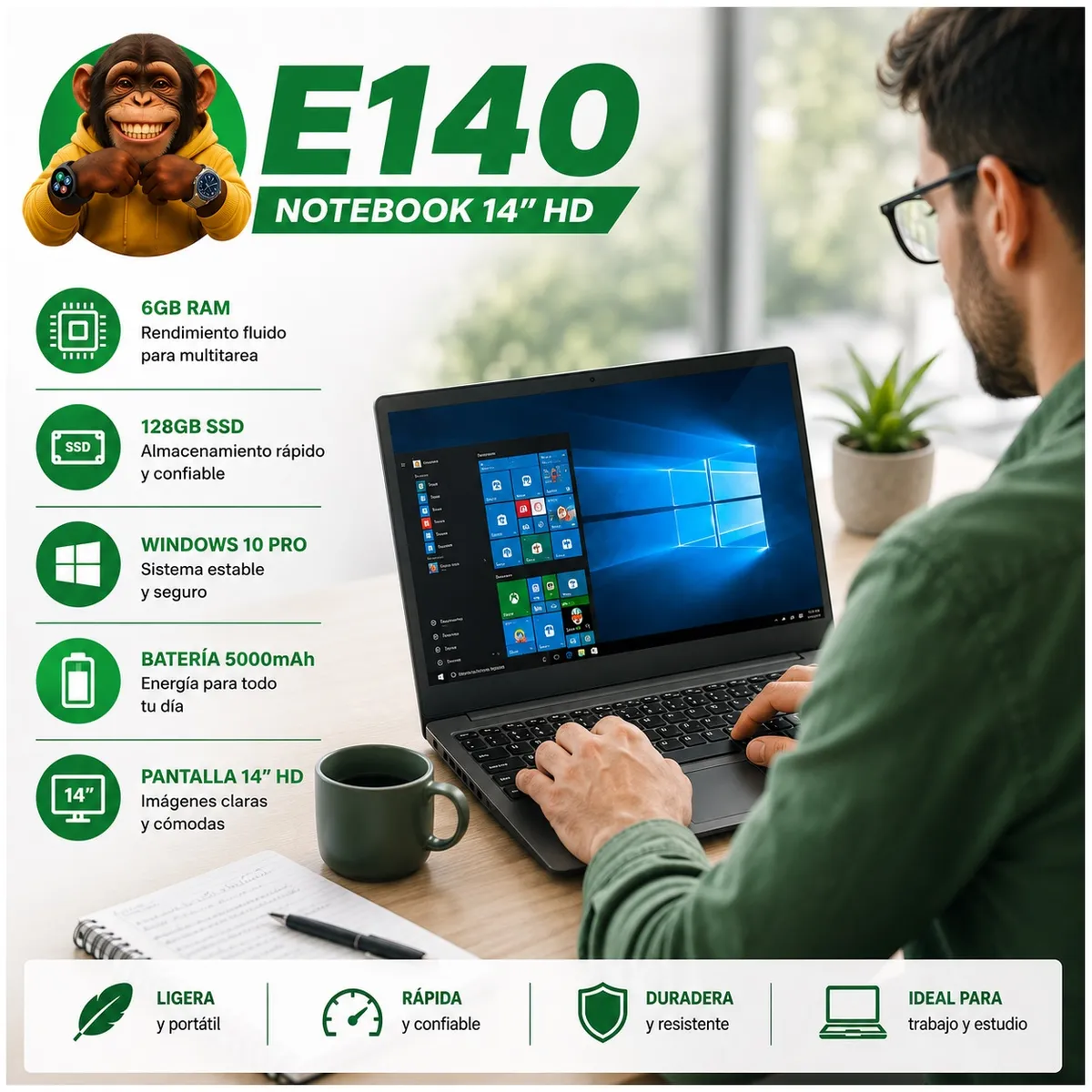 STARTECHOFFICE - Notebook 14 Pulgadas Intel N3350 6GB RAM 128GB SSD Windows 10 Pro Batería 5000mAh