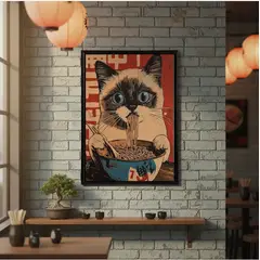 GENERICO - Hermoso y Sofisticado Cuadro Gato Siamés Comiendo Ramen
