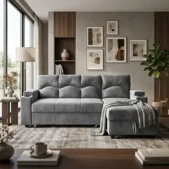 MUEBLERIA LATINA - SECCIONAL CAMA BAUL FUNCIONAL 2 PZ DECO FELPA GRIS DERECHO CON POSAVASO
