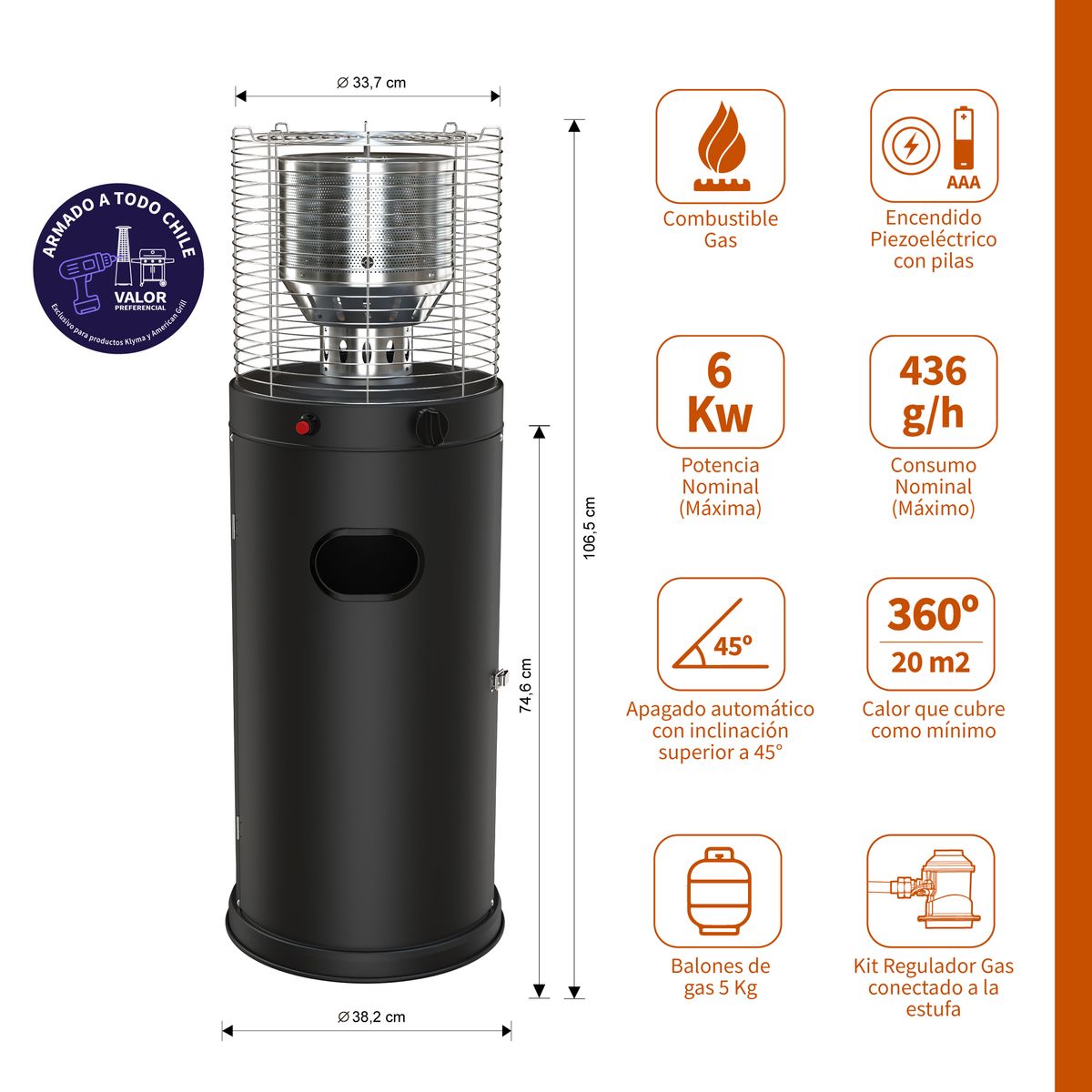 KLYMA - Estufa a Gas Exterior CILDRO ELW  Black  106  + Funda Para Patio Jardin Terraza