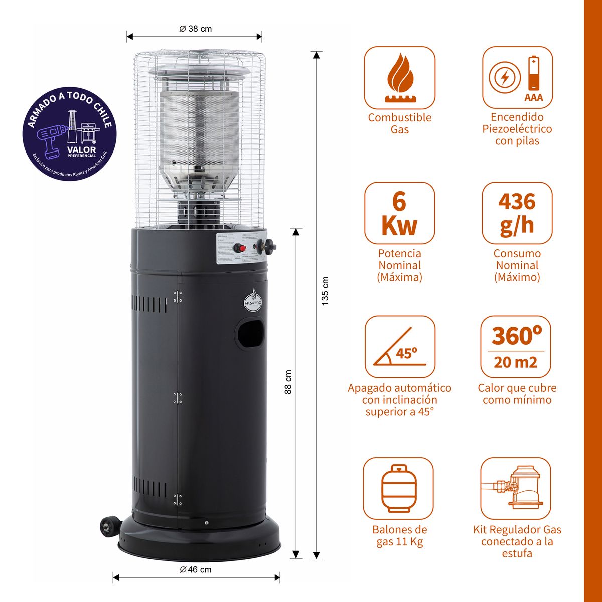 KLYMA - Estufa a Gas Exterior Terraza CILDRO LW Negra 1,35 metros + Funda Para Patio Jardin Terraza