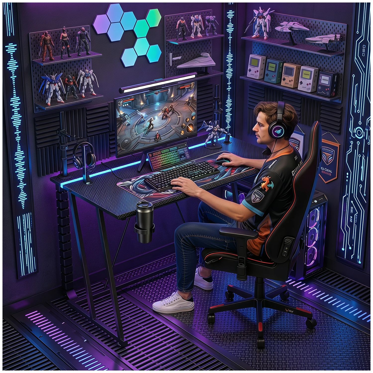 VIDITA Escritorio Gamer RGB 110cm Tipo Z Con Soporte y Porta Vasos
