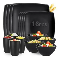 GENERICO - Pack 16pcs Juego De Vajilla De Paja De Trigo Plato Y Tazas Negro