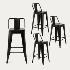 VENHOOUSE - Pack 4 Taburetes Bar Pisos Tolix Metal 66cm Cocina Respaldo Negro