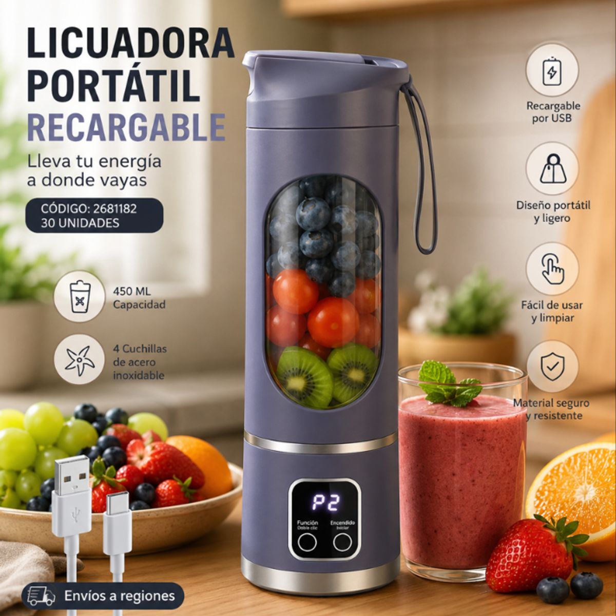 IRM - Licuadora Portatil Recargable Con Pantalla Digital USB Para Jugos Batidos Smoothies 450 ml DVC