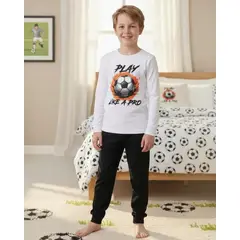 KOWHAI - Pijama Niño Algodón Estampado Football Blanco