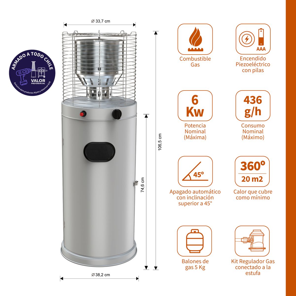 KLYMA - Estufa a Gas Exterior CILDRO ELW GREY 106 Para Patio Jardin Terraza Terraza