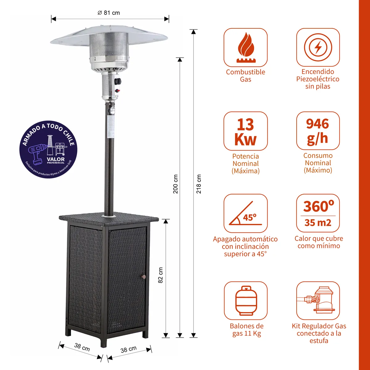 KLYMA - Estufa a Gas Exterior SETAX Rattan + Funda Para Patio Jardin Terraza