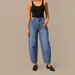 MOMCHIC - Jeans Barrel tiro alto azul