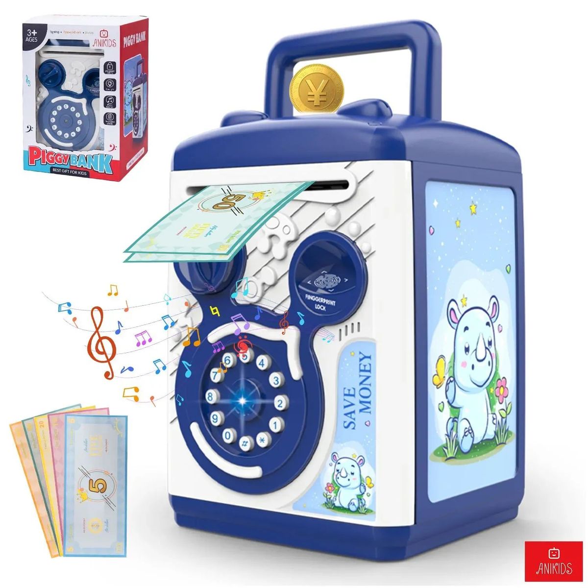 ANIKIDS - Alcancía Electrónica Para Niños Tipo Caja Fuerte Con Contraseña Huella Luz Sonido Color Azul