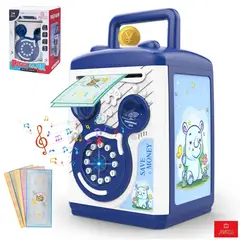 ANIKIDS - Alcancía Electrónica Para Niños Tipo Caja Fuerte Con Contraseña Huella Luz Sonido Color Azul