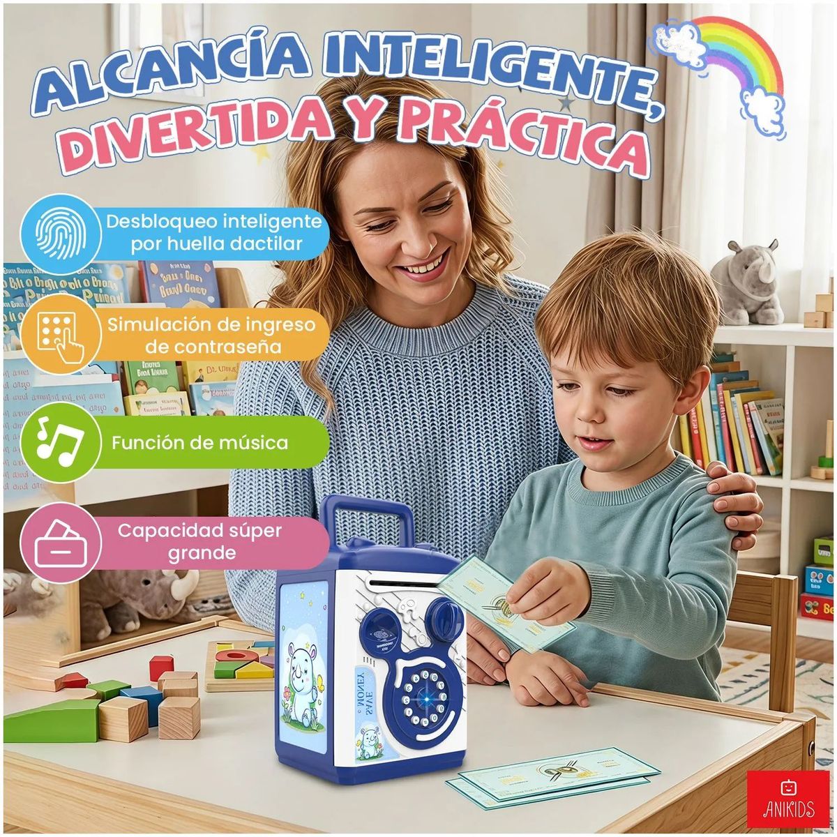 ANIKIDS - Alcancía Electrónica Para Niños Tipo Caja Fuerte Con Contraseña Huella Luz Sonido Color Azul