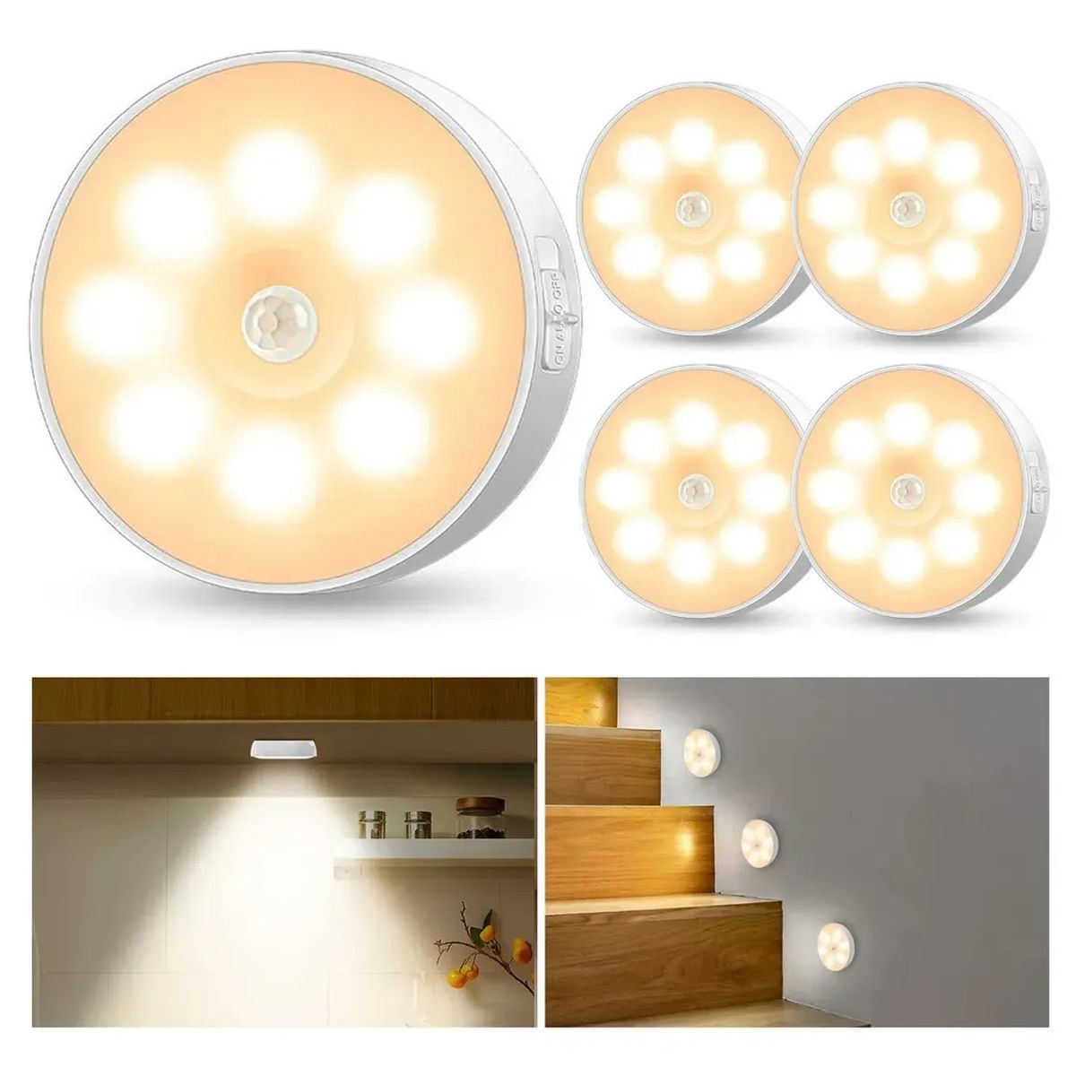 KUANGYE - Pack 5 Luces Sensor De Movimiento Usb Para Armario Escalera