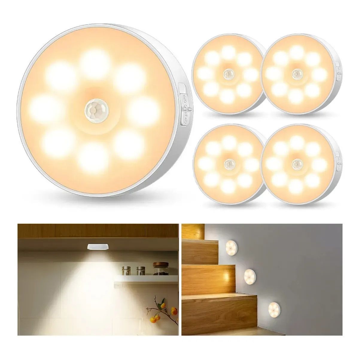 KUANGYE - Pack 5 Luces Sensor De Movimiento Usb Para Armario Escalera