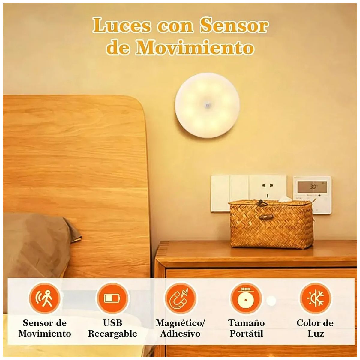 KUANGYE - Pack 5 Luces Sensor De Movimiento Usb Para Armario Escalera