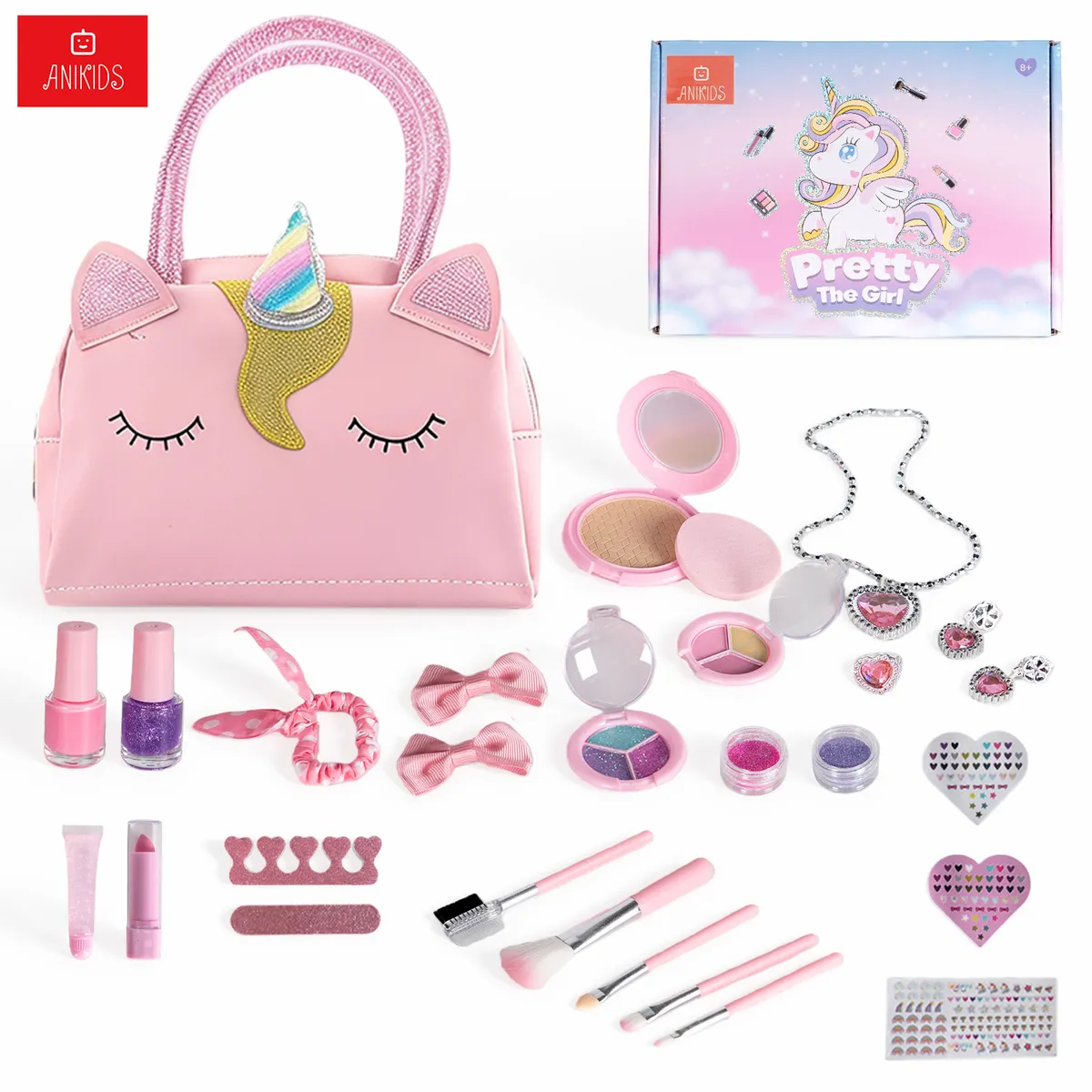ANIKIDS - Kit De Maquillaje Lavable Para Niñas Juguete Cosmético Unicornio 28 Piezas Color Rosa