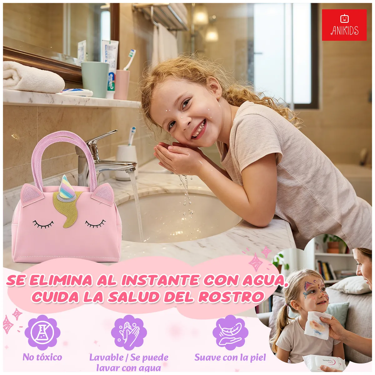 ANIKIDS - Kit De Maquillaje Lavable Para Niñas Juguete Cosmético Unicornio 28 Piezas Color Rosa