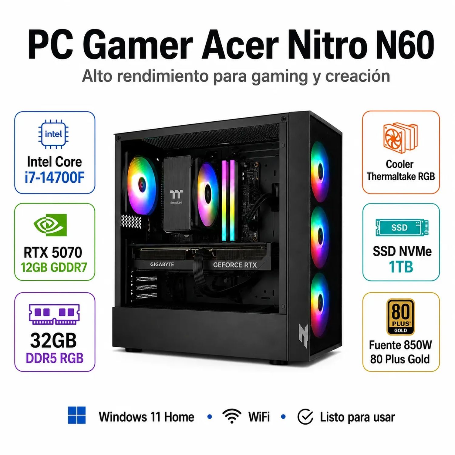 ACER PC Gamer RTX 5070 i7 14700F 32GB DDR5 1 TB SSD Acer Nitro N60