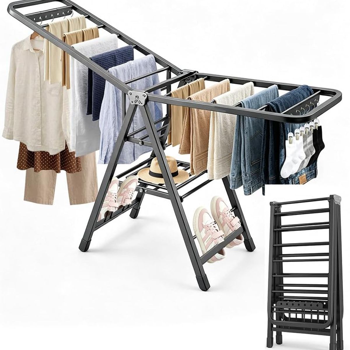 BLUEDREAMER - endedero Plegable para Ropa 3 Niveles Tendedero de Ropa con 2 Alas Ajustables 1.8M