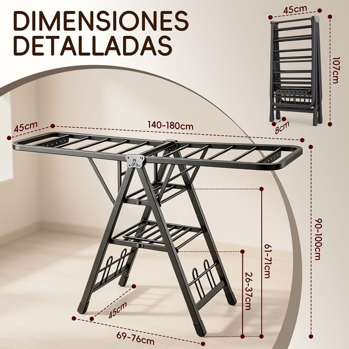 BLUEDREAMER - endedero Plegable para Ropa 3 Niveles Tendedero de Ropa con 2 Alas Ajustables 1.8M