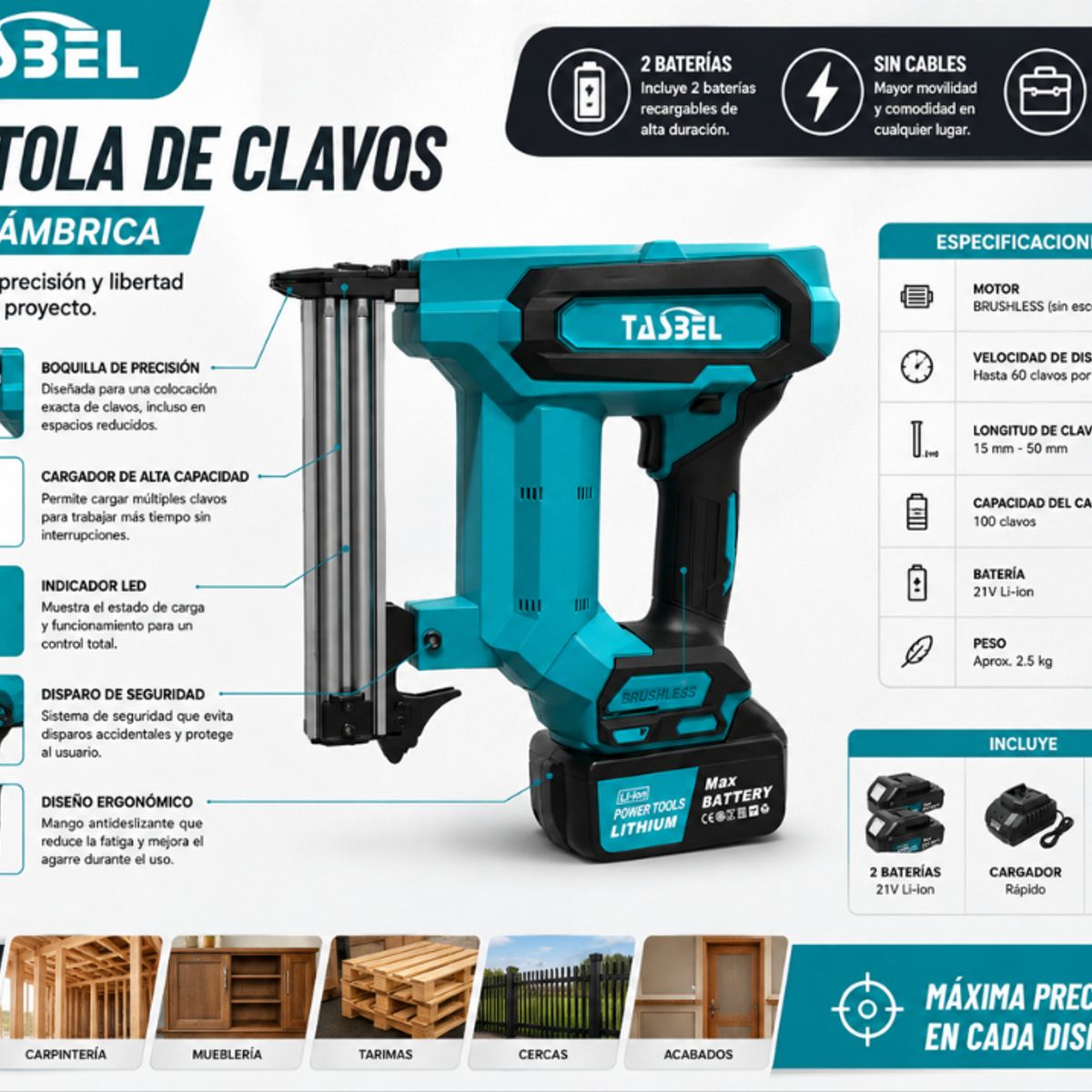 TASBEL - Clavadora Inalambrica Brushless Tasbel A Bateria Para Carpinteria Madera Tapiceria Profesional
