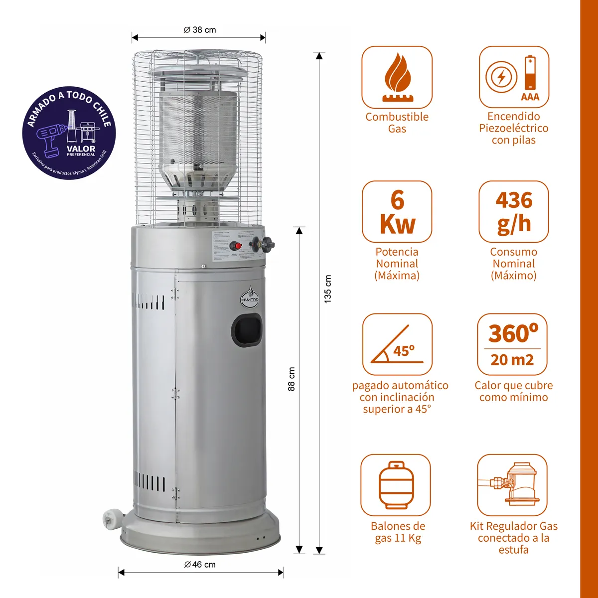KLYMA - Estufa a Gas Exterior Terraza CILDRO LW Inox 1,35 metros + Funda Para Patio Jardin Terraza