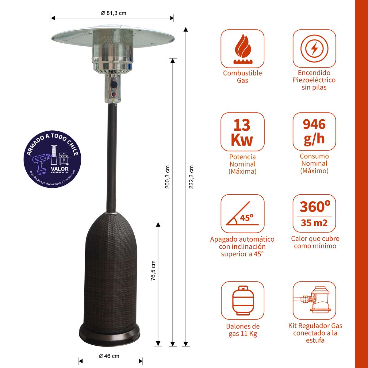 KLYMA - Estufa a Gas Exterior SETAX Rattan BLT + Funda Para Patio Jardin Terraza