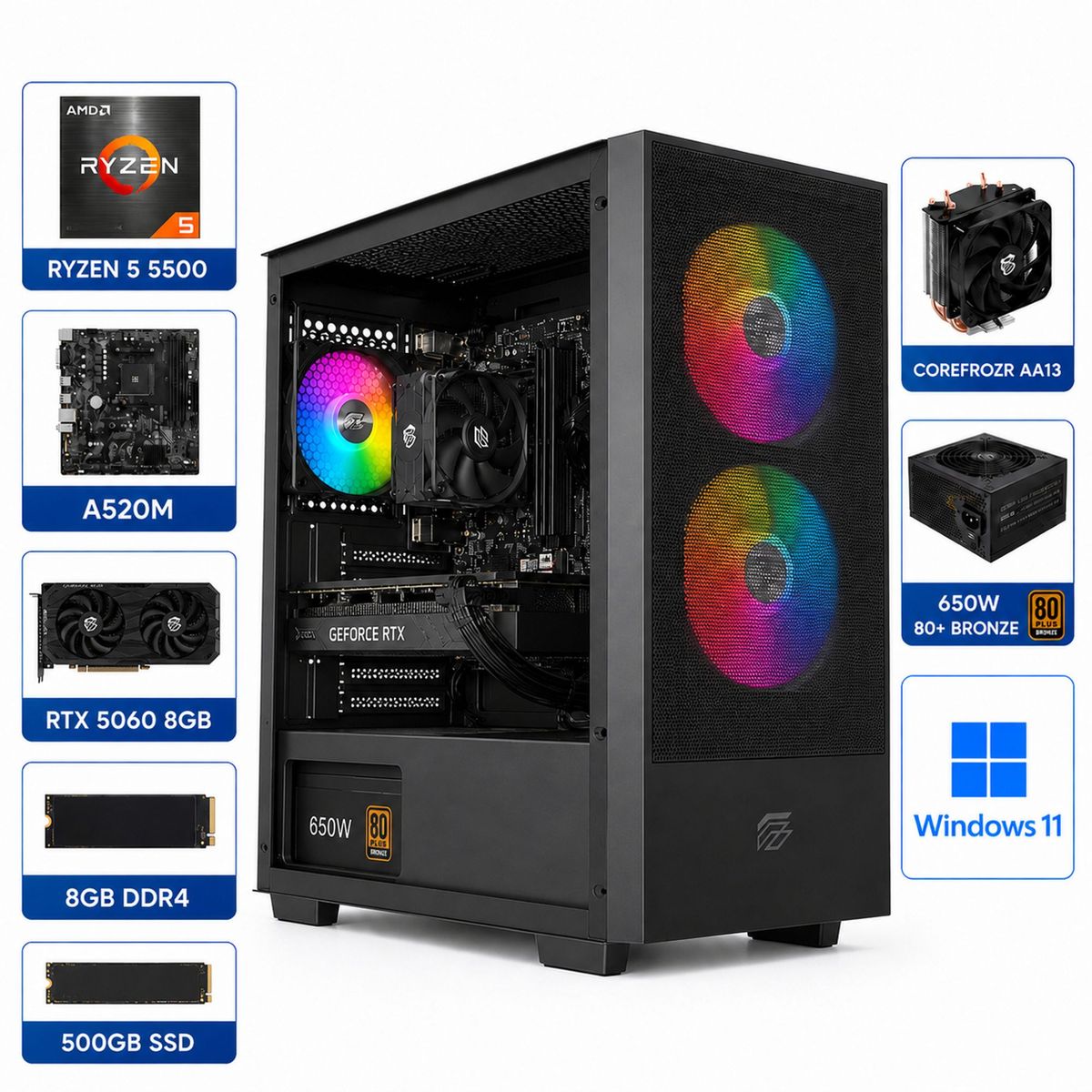 GENERICO - PC Gamer 5500  RTX 5060 8G  16gb Ram  A520M  500 GBSSD