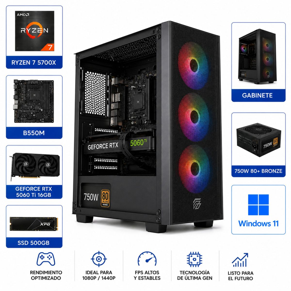 GENERICO - PC Gamer 5700X  RTX 5060 TI 16G  16gb Ram  B550M  SSD 500GB