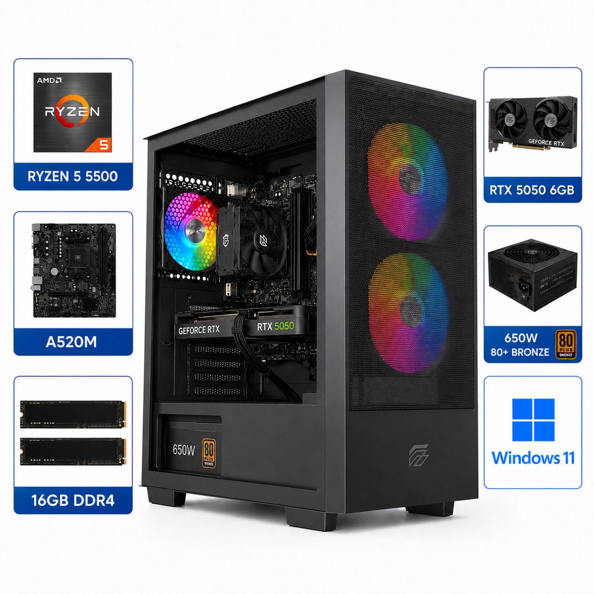 GENERICO - PC Gamer 5500  RTX 5050 6G  16gb Ram  A520M  SSD 500GB