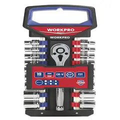 WORKPRO - SET LLAVE RATCHET O CHICHARRA 3/8 72 DIENTES CON DADOS 19 PCS