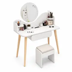 DOPA - Tocador Maquillaje Blanco Con Espejo Redondo Y Banqueta
