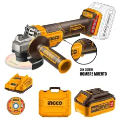 INGCO - Esmeril galletera Inalambrico 115mm + Bat 4.0ah + Cargadora + Discos