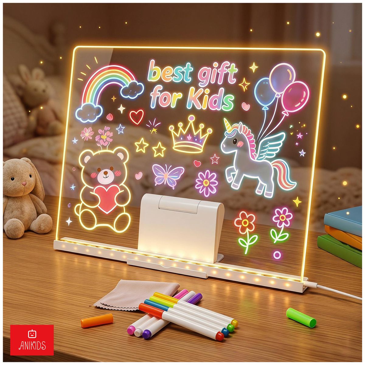 ANIKIDS - Set Pizarra Mágica LED Para Niños Tablero De Dibujo Acrílico Con 7 Plumones