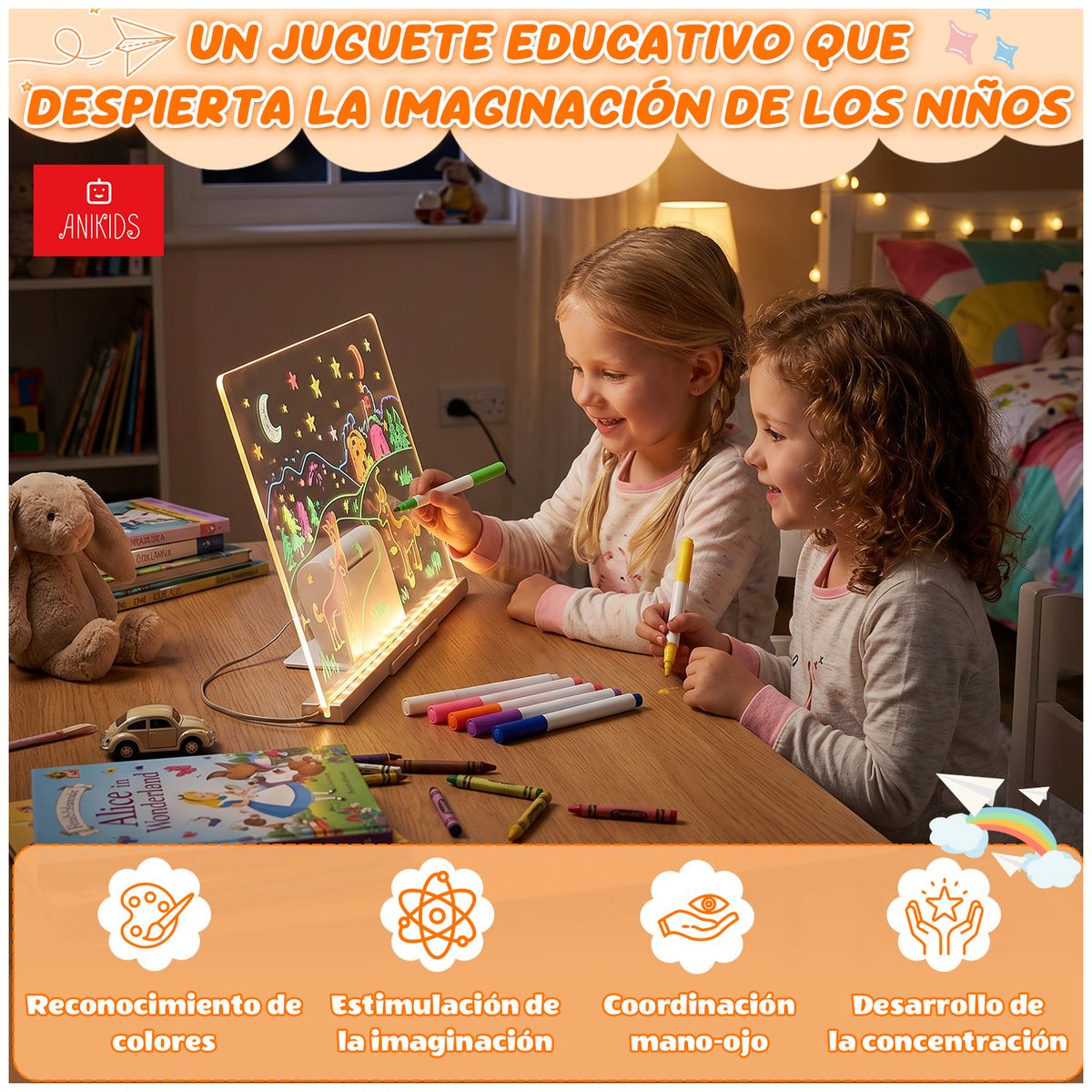ANIKIDS - Set Pizarra Mágica LED Para Niños Tablero De Dibujo Acrílico Con 7 Plumones