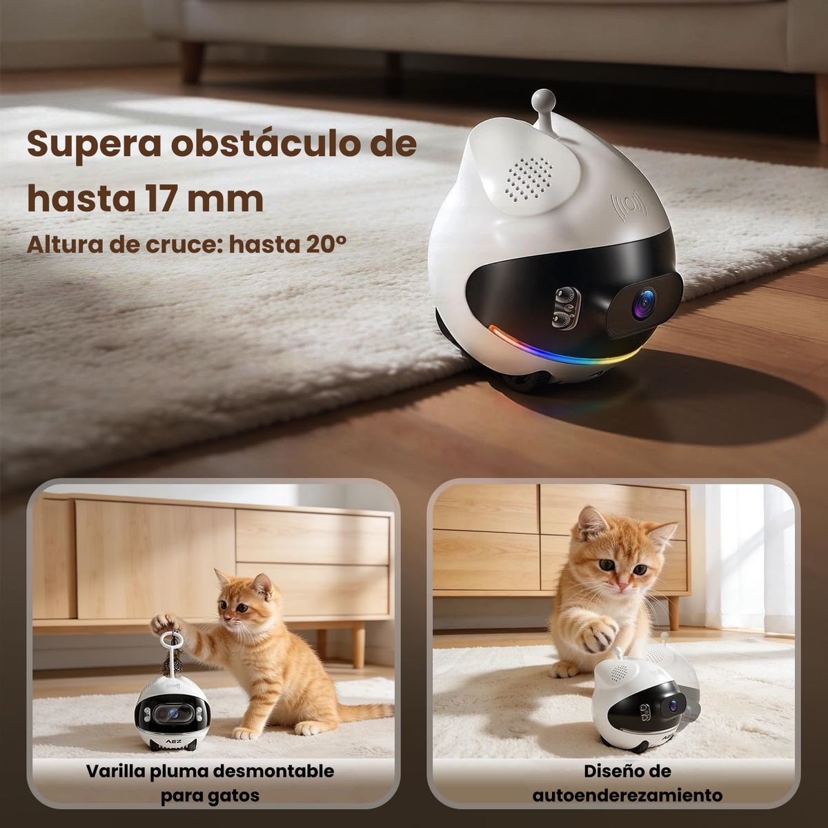 AIKA H2O - Cámara Robot Gatos Monitoreo Ruedas Visión Nocturna 1080P Wifi