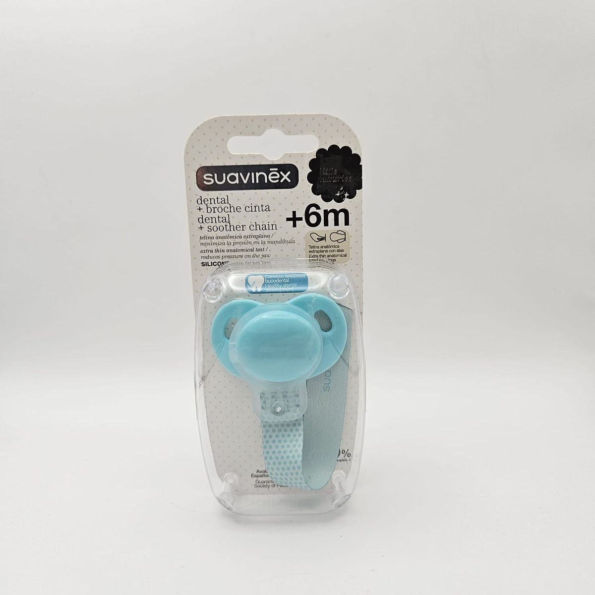 SUAVINEX - CHUPETE DENTAL CON TETINA ANATÓMICA SILICONA + BROCHE +6M CELESTE