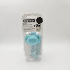 SUAVINEX - CHUPETE DENTAL CON TETINA ANATÓMICA SILICONA + BROCHE +6M CELESTE