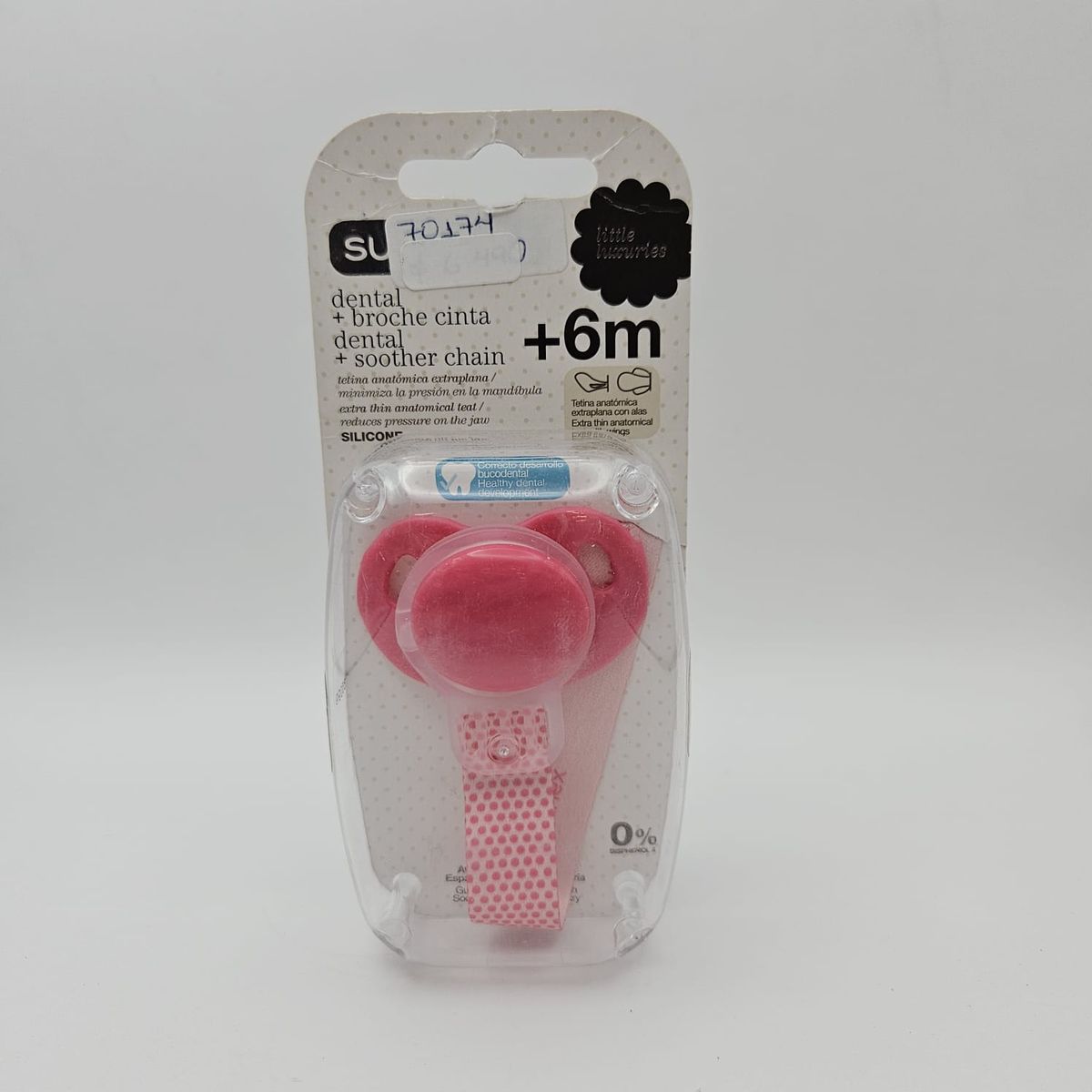 SUAVINEX - CHUPETE DENTAL CON TETINA ANATÓMICA SILICONA + BROCHE +6M ROSADO