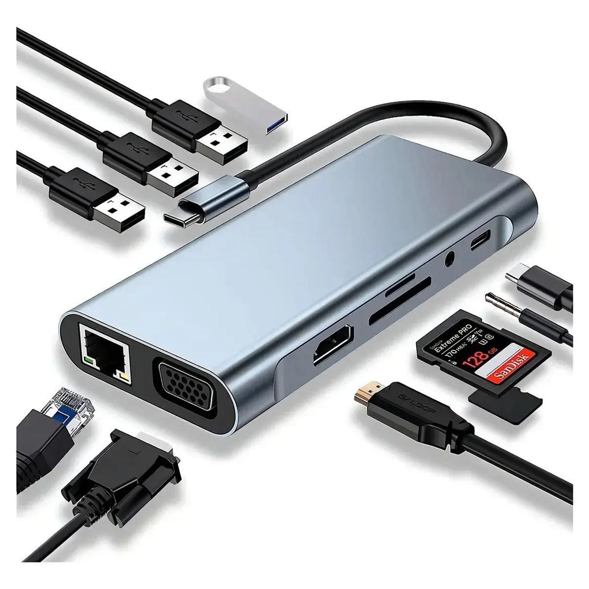 DM - HUB ADAPTADOR USB-C 11 EN 1 HDMI 4K RJ45 VGA USB 3.0 PD MAC