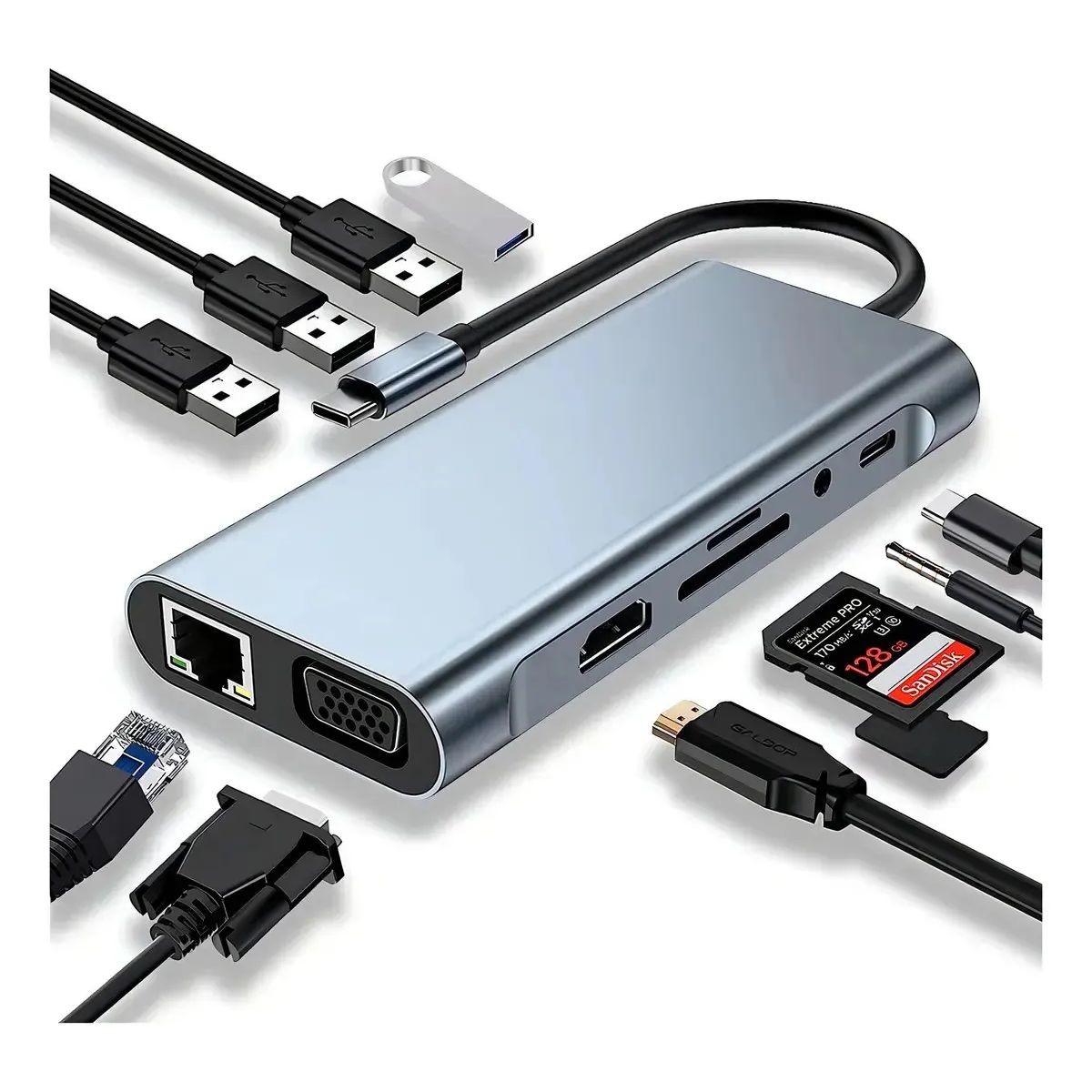 DM - HUB ADAPTADOR USB-C 11 EN 1 HDMI 4K RJ45 VGA USB 3.0 PD MAC