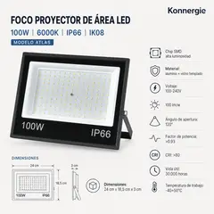 KONNERGIE - Proyector LED Exterior 100W 6000K Modelo Atlas IP66
