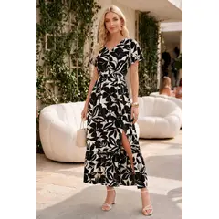 LIKE SHOP - Vestido Largo Primavera Mujer. Algodón Lino Flores Grandes. 3368