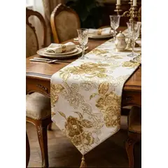 GENERICO - Mantel Camino De Mesa Tela Bordados Dorados Flor180x32cm